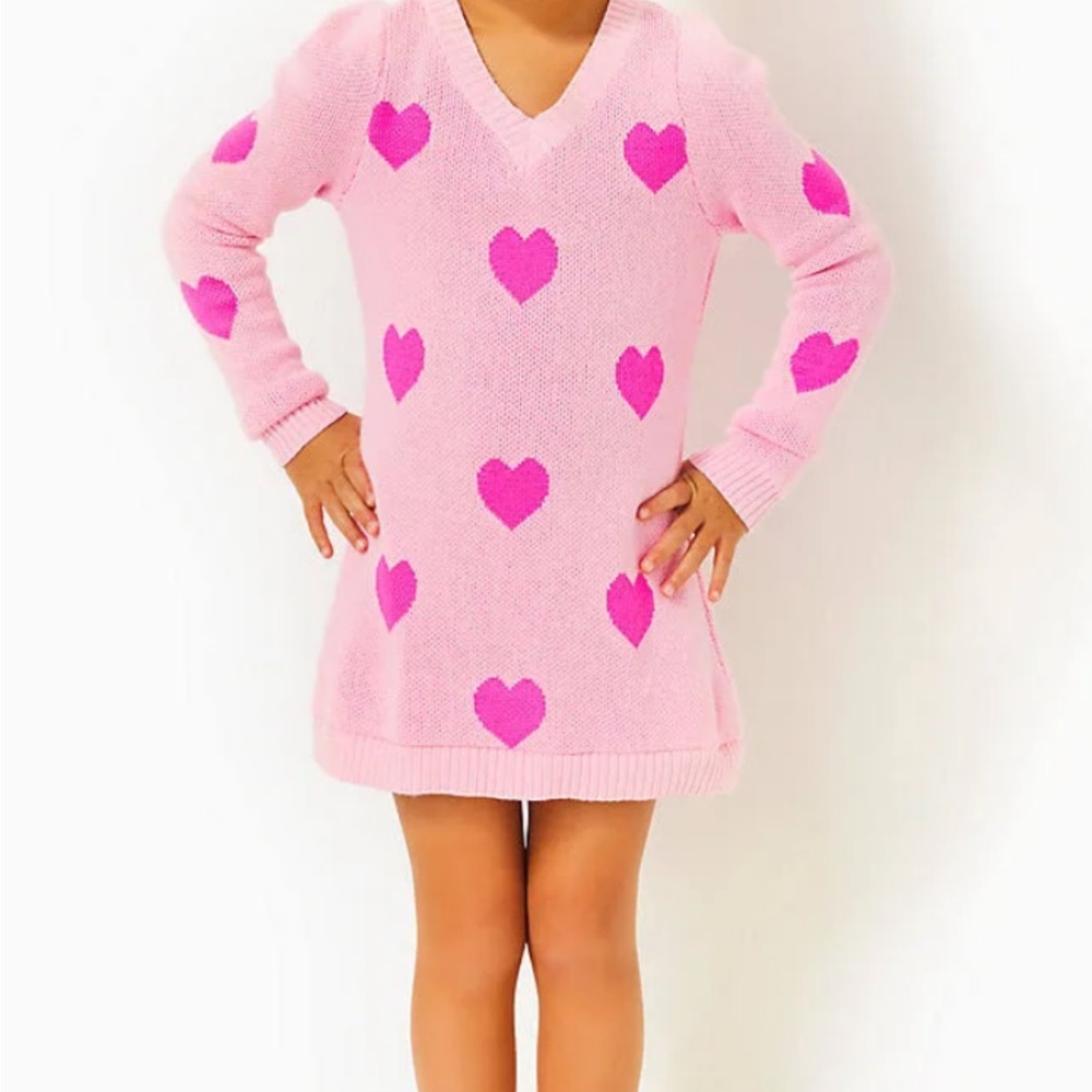 Lilly Pulitzer Girls Keane Sweater Dress Kids Pink Heart Peony Pink XL 12/14